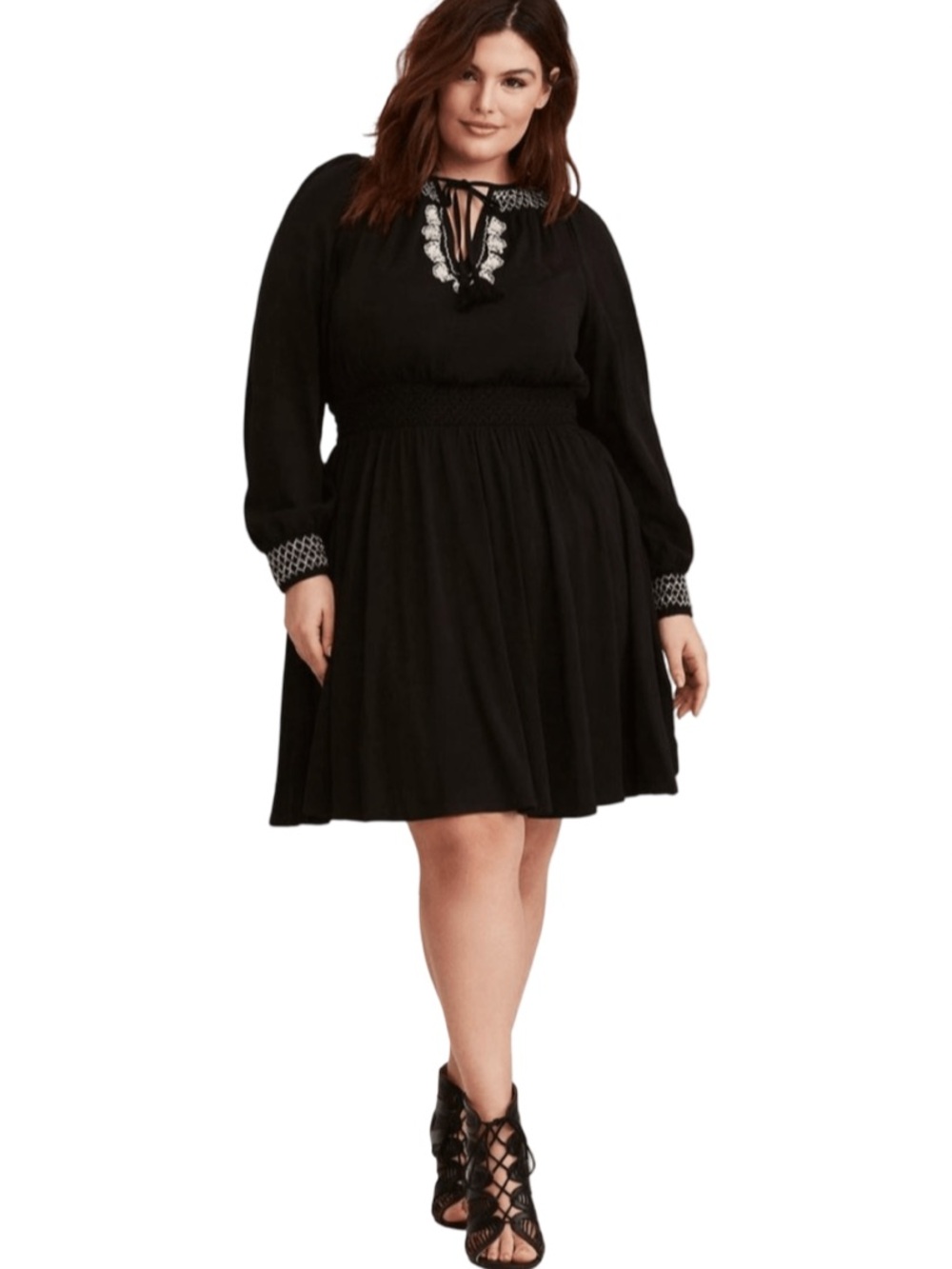 torrid Black Long-Sleeve Smocked Embroidered Peasant Dress Size 1X Boho